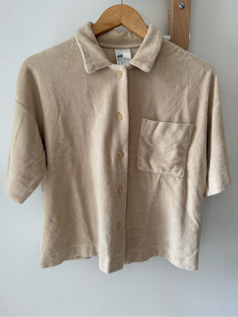 Cotton Terry Short-Sleeve Cropped Button-Up Top